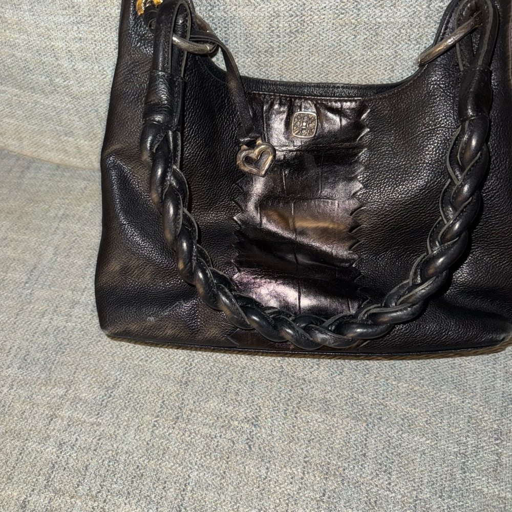Brighton Black Leather Shoulder Bag with Braided Handle